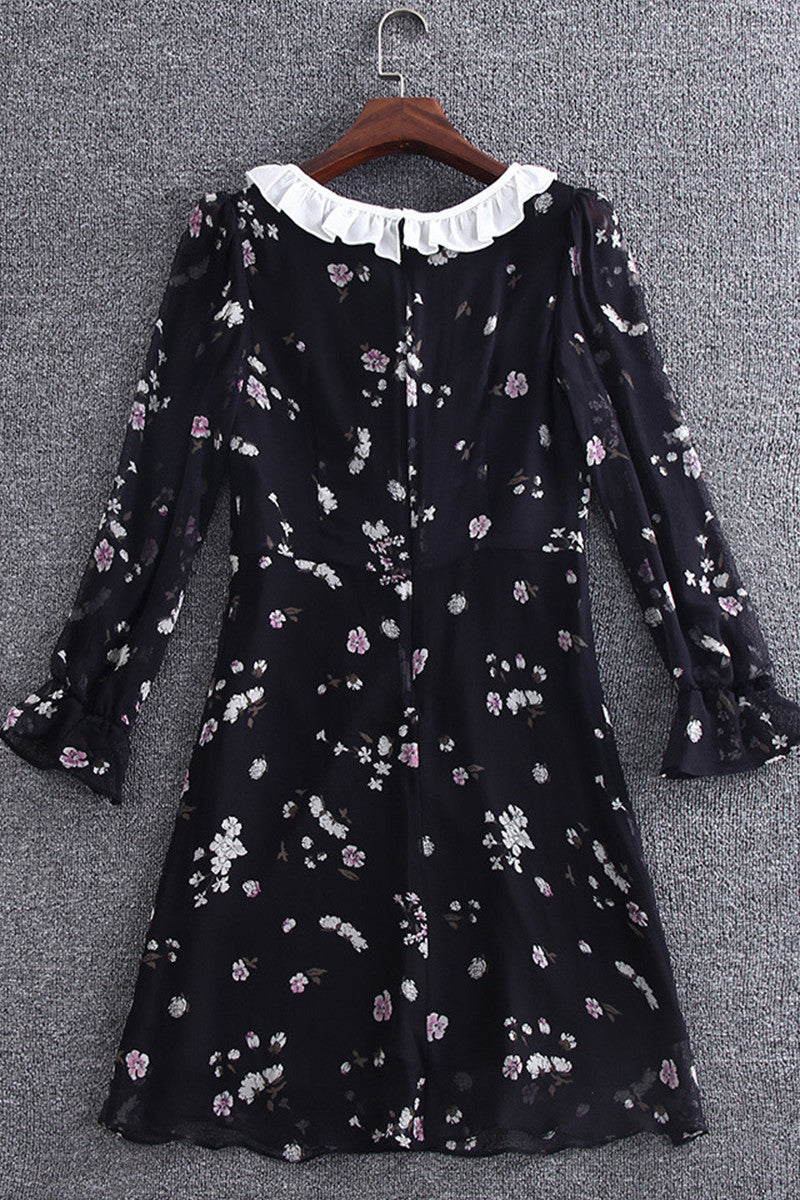 Ruffle Neck And Sleeve Floral Printing Chiffon Dress
