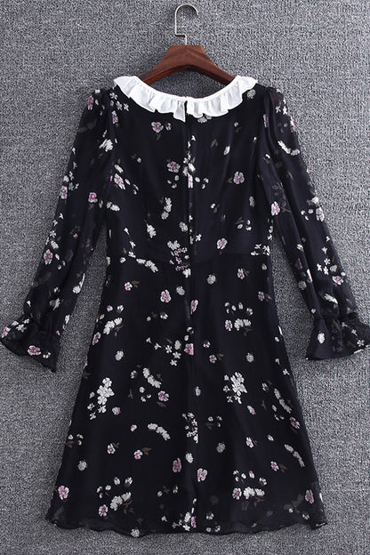 Ruffle Neck And Sleeve Floral Printing Chiffon Dress