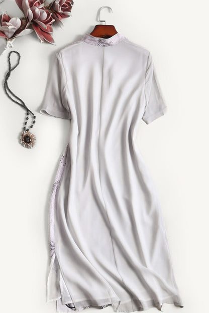 LOOSE CASUAL SHORT SLEEVE STAND COLLAR WASH PAINTING DRESS