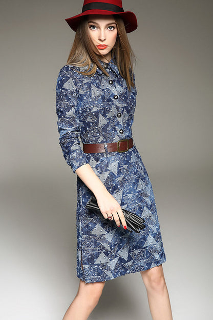 WOMEN'S ELEGANT POLO NECK 3/4 SLEEVE PRINT AND FLORAL SLIM VINTAGE DRESS