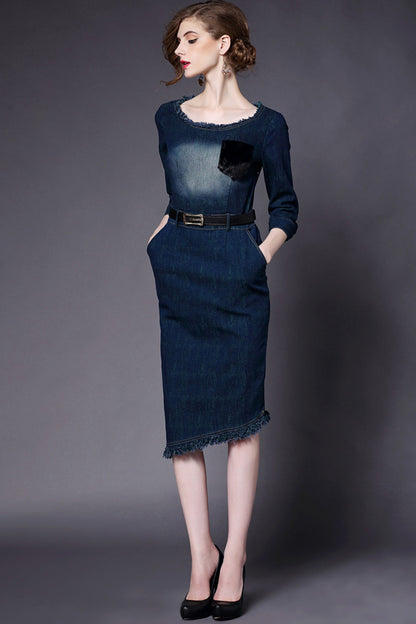 Washed Denim Raw Edge Elegant Dress
