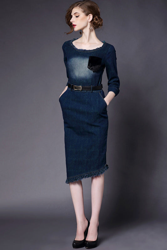 Washed Denim Raw Edge Elegant Dress