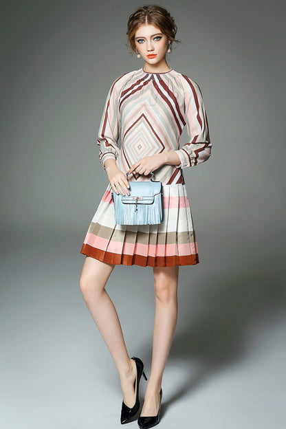 Multi Stripe Pleated Bottom Flared Dress - NJOYDRESS - 2