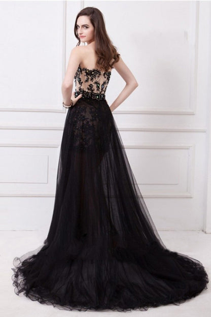 Strapless Sweetheart Lace Applique Beaded Backless Hi-Low Grown
