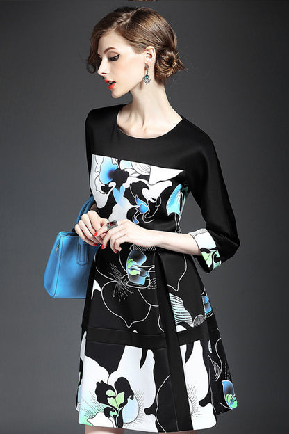 WOMEN'S PRINT AND FLORAL A-LINE SLIM 3/4 SLEEVE DRESS