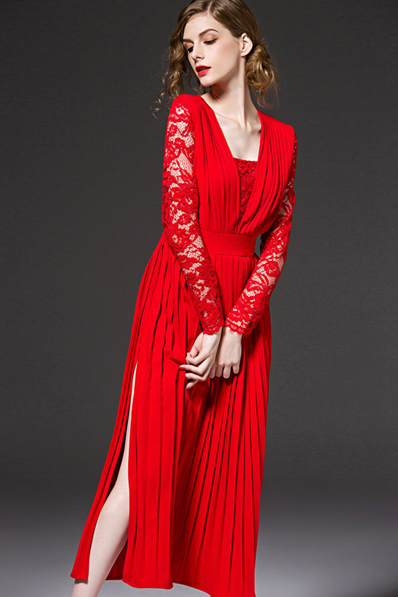 High Side Slit Deep-V Full Red Sexy Dress