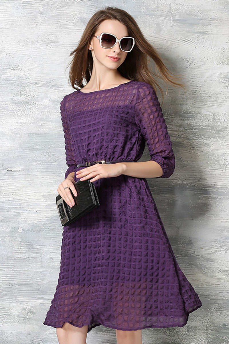 WOMEN'S CASUAL WEAR TO WORK HALF SLEEVE BOAT NECK DRESS WHIT BELT