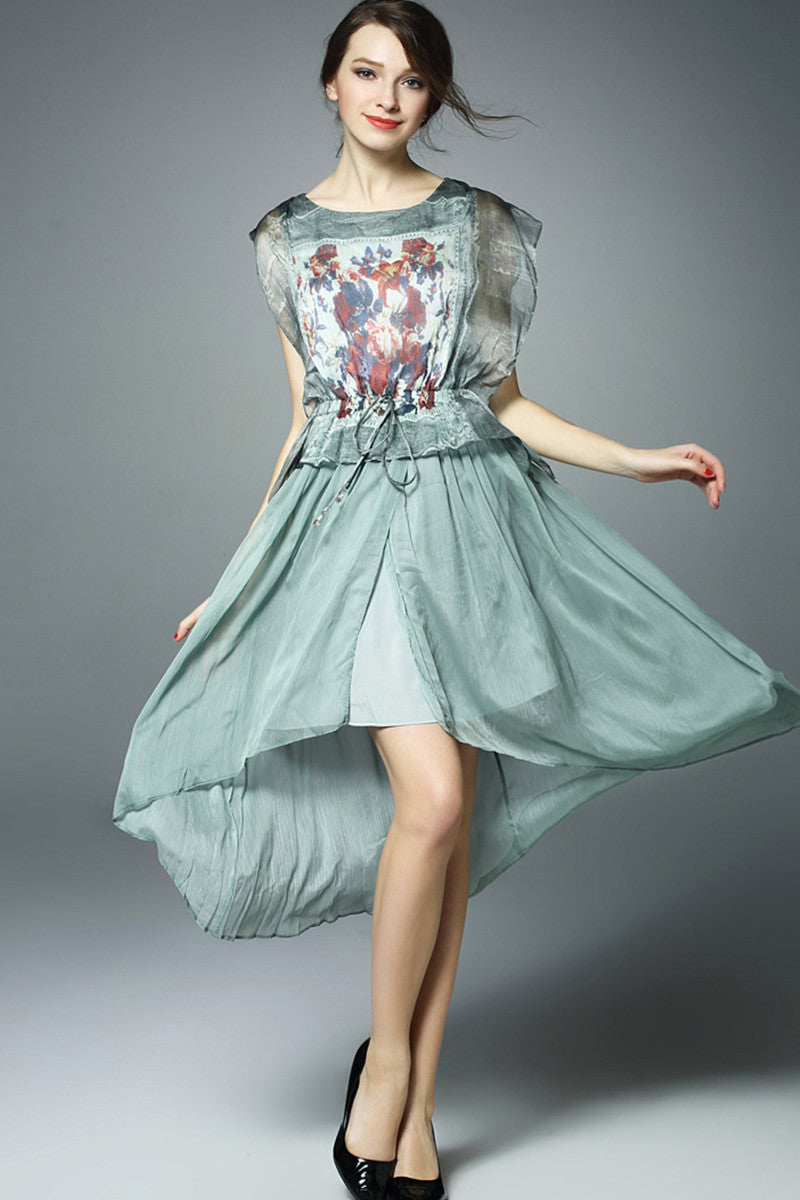 Round Collar See Through Flare Sleeve Floral Print Hi-Low Pleated Dress