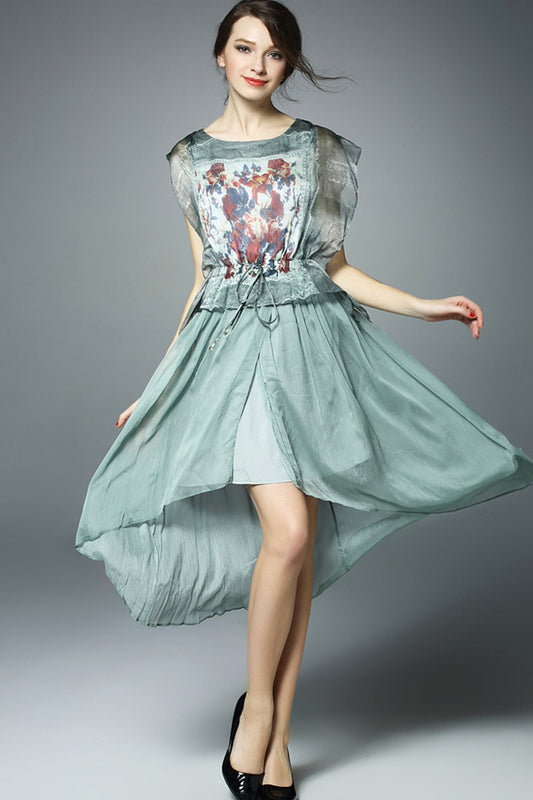 Round Collar See Through Flare Sleeve Floral Print Hi-Low Pleated Dress