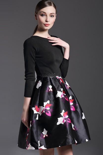 Boat Collar Knit Long sleeve Patch Print Full Dress