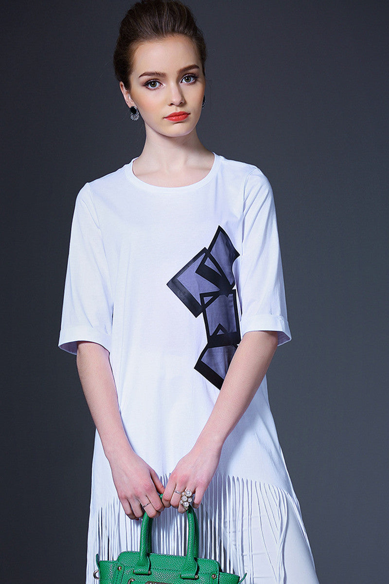 Casual Digital Printing Short Sleeve Tassls Long T-shirt