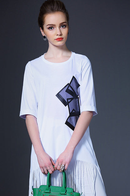 Casual Digital Printing Short Sleeve Tassls Long T-shirt