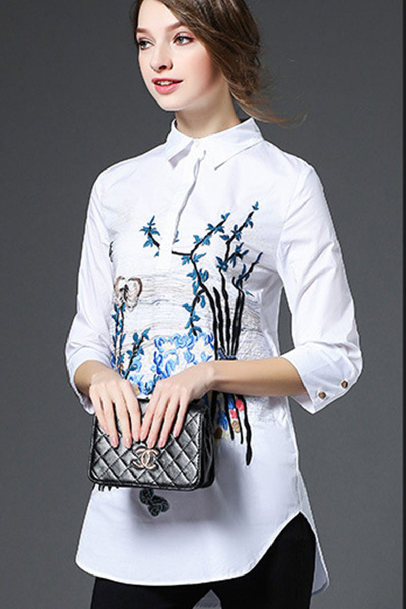 Roll Collar Embroidery 3/4 Sleeve Front Short Long Back Shirt - NJOYDRESS - 2