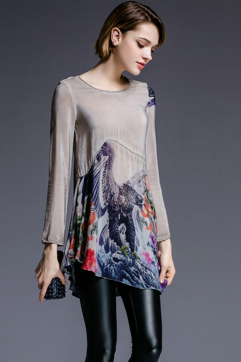 Round Collar A-Line Eagle Floral  Pattern  Irregular Loose Top