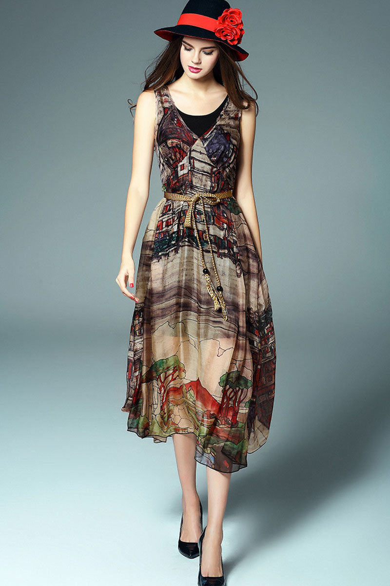 Round Collar Ink Wash Paiting Style Maxi Dress