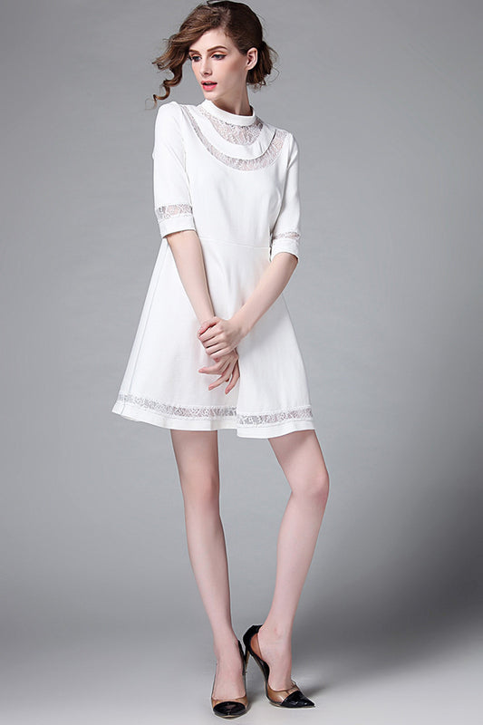WOMEN'S LACE ROUND NECK CASUAL GRACE HALF SLEEVE SHORT DRESS