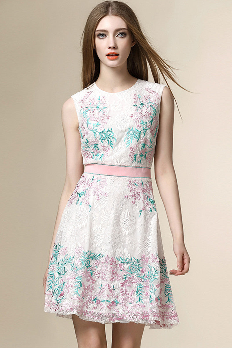 Round Collar Floral Embroidery Print  Lace Patch Slim Chiffon Dress