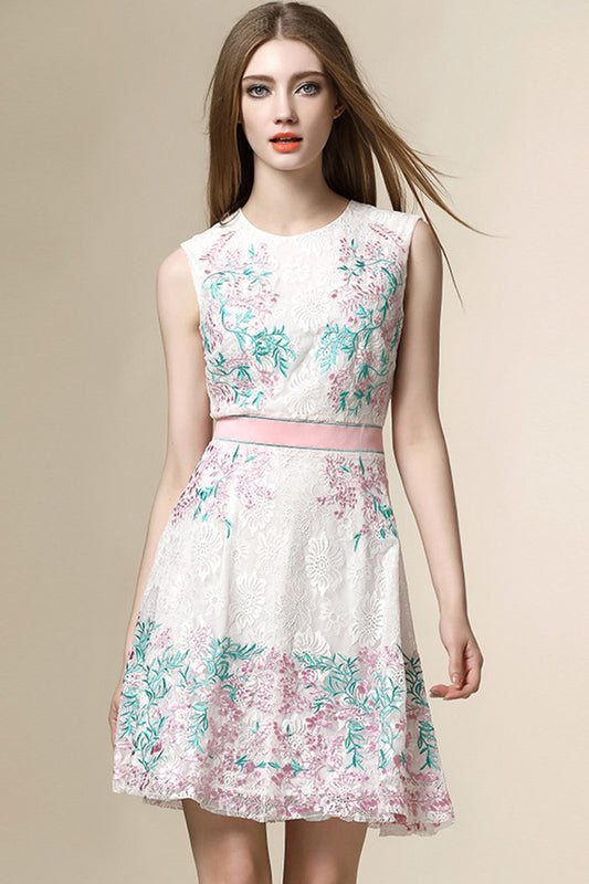 Round Collar Floral Embroidery Print  Lace Patch Slim Chiffon Dress