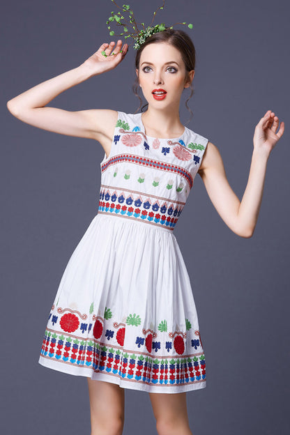 CASUAL A-LINE ROUND NECK SLEEVELESS EMBROIDERY CASUAL DRESS