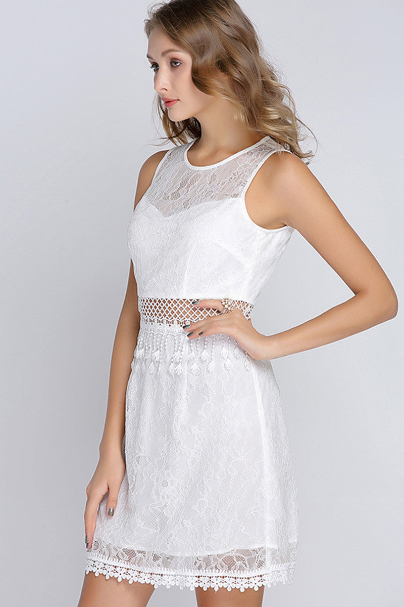 Full White See Through Crochet Lace Waist And Back Short Dress