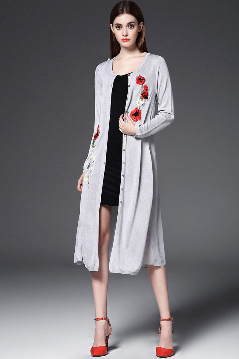 Round Collar Embroidered Flowers Button  Knit Midi Dress