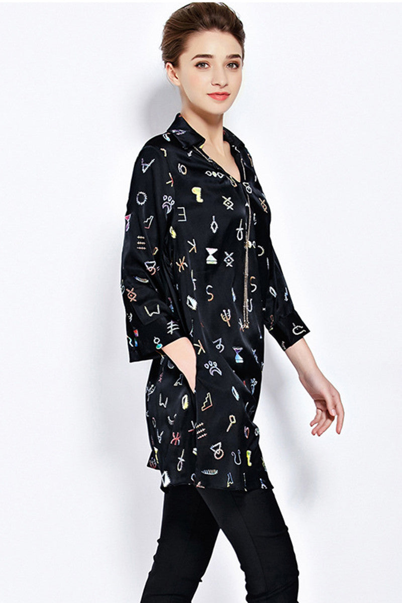 Scoop Neck Colorful Letter Print Loose Blouse Top