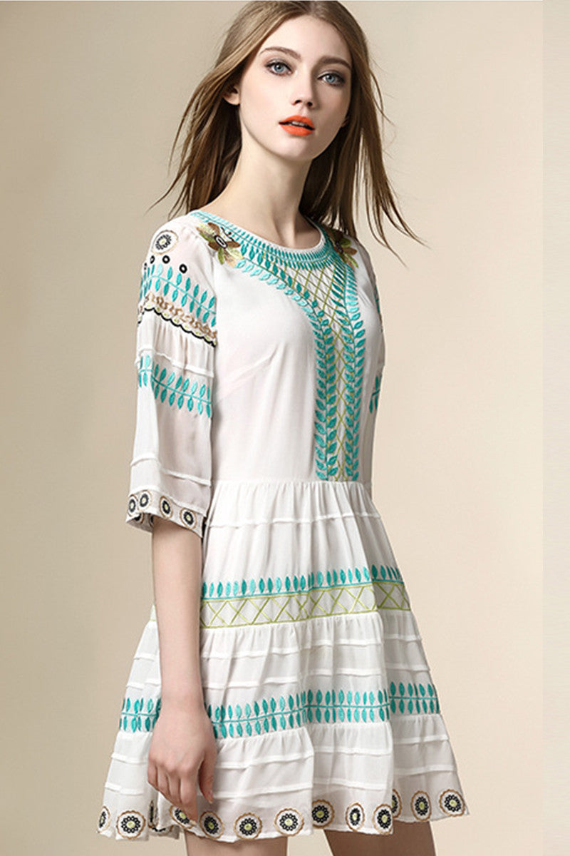 Round Collar Embroidery Print  Pullover Chiffon Dress