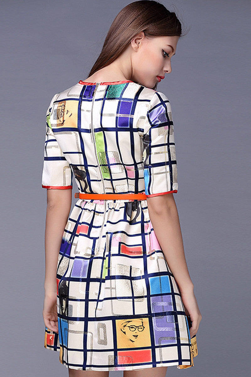 WOMEN'S VINTAGE PIECE WEAR TO WORK CASUAL SHORT SLEEVE MIDI DRESS WITH BELT