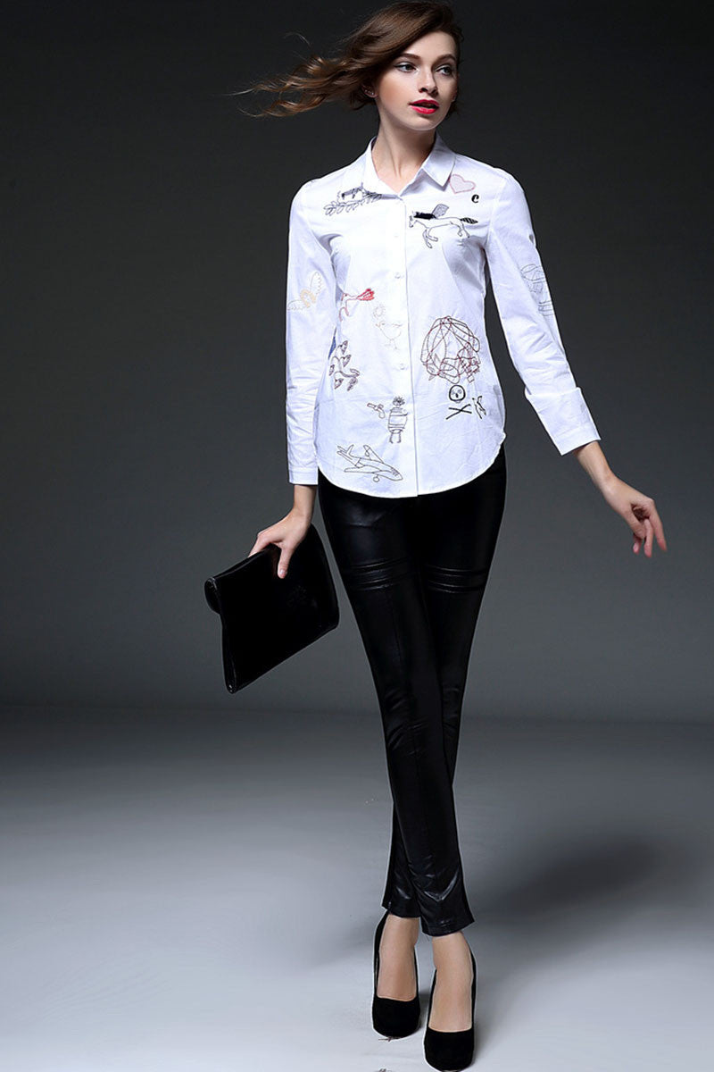 Lapel Neck Cartton Stitch Button Down Formal Blouse