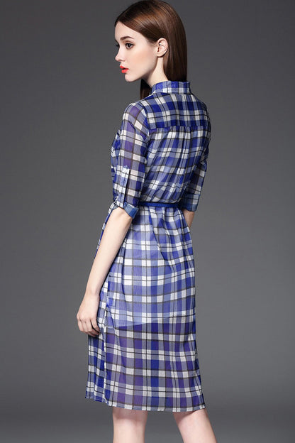 Lapel Neck Pleat Pattern Print Single Button Mini Dress With Belt And Underwear
