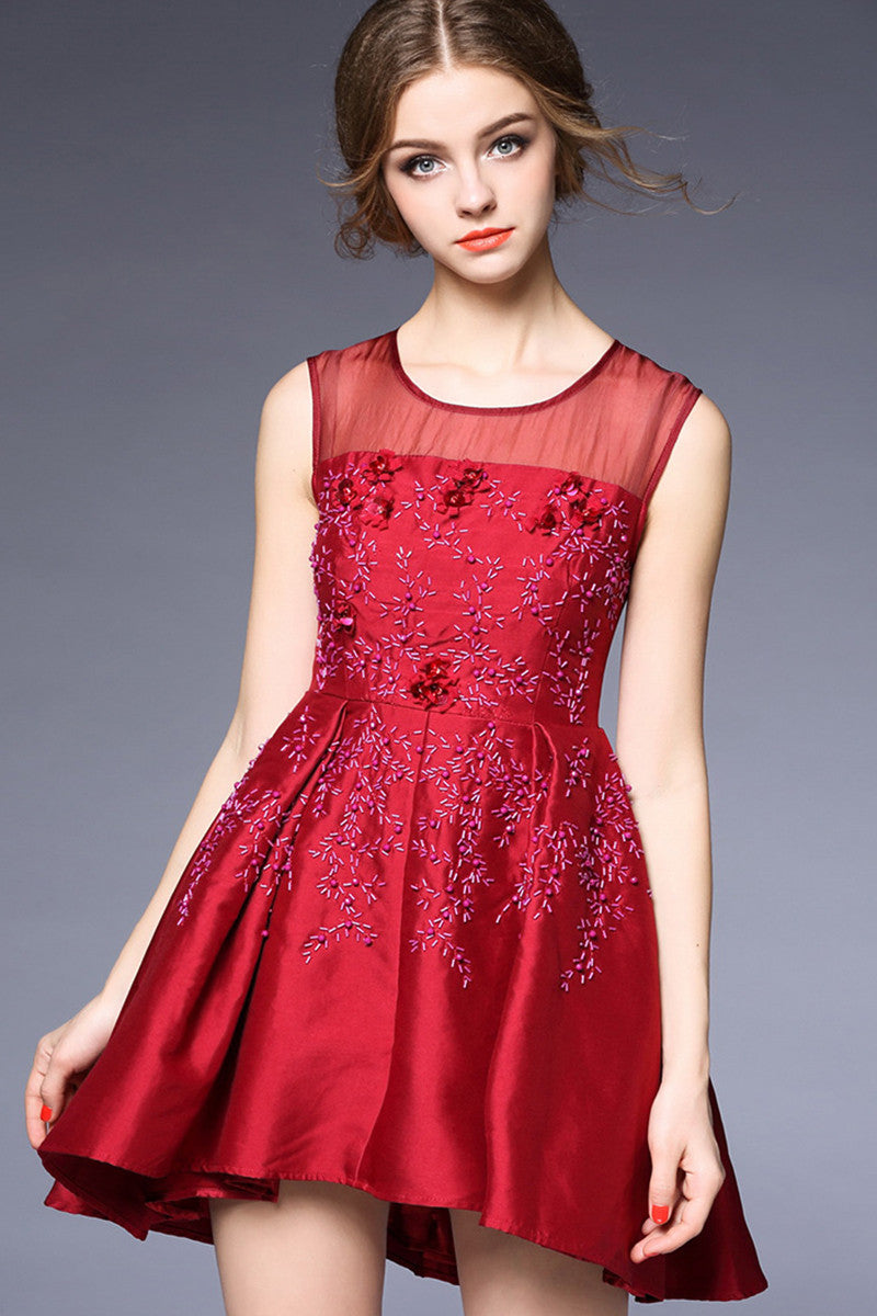 Round Collar Beads Sequins Pleat Dress With Illusion Mesh Top