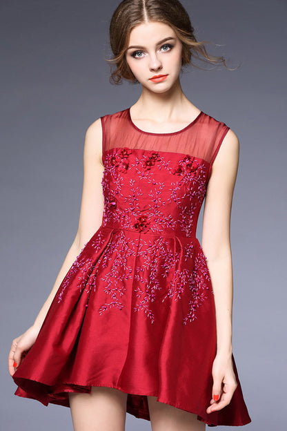 Round Collar Beads Sequins Pleat Dress With Illusion Mesh Top