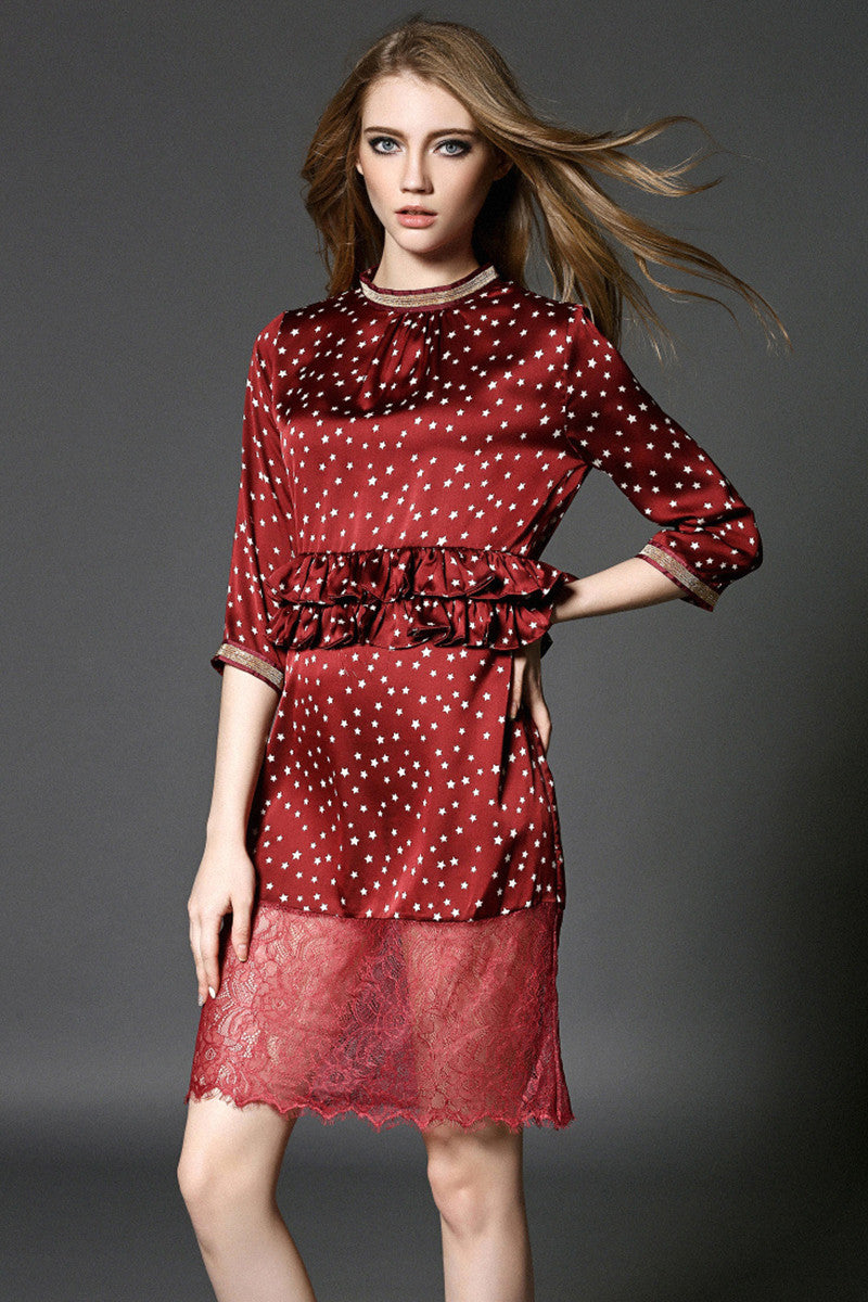 Star Print Flare Hem Lace Patch Wrap Dress