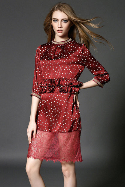 Star Print Flare Hem Lace Patch Wrap Dress