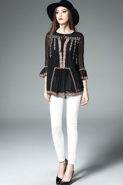 Stripe Emboridered Loose Blouse