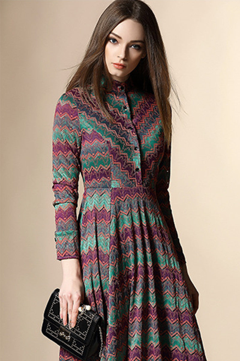 Round Collar Geometry Pattern Lace Patch Vintage Ankle  Chiffon Dress - NJOYDRESS - 2