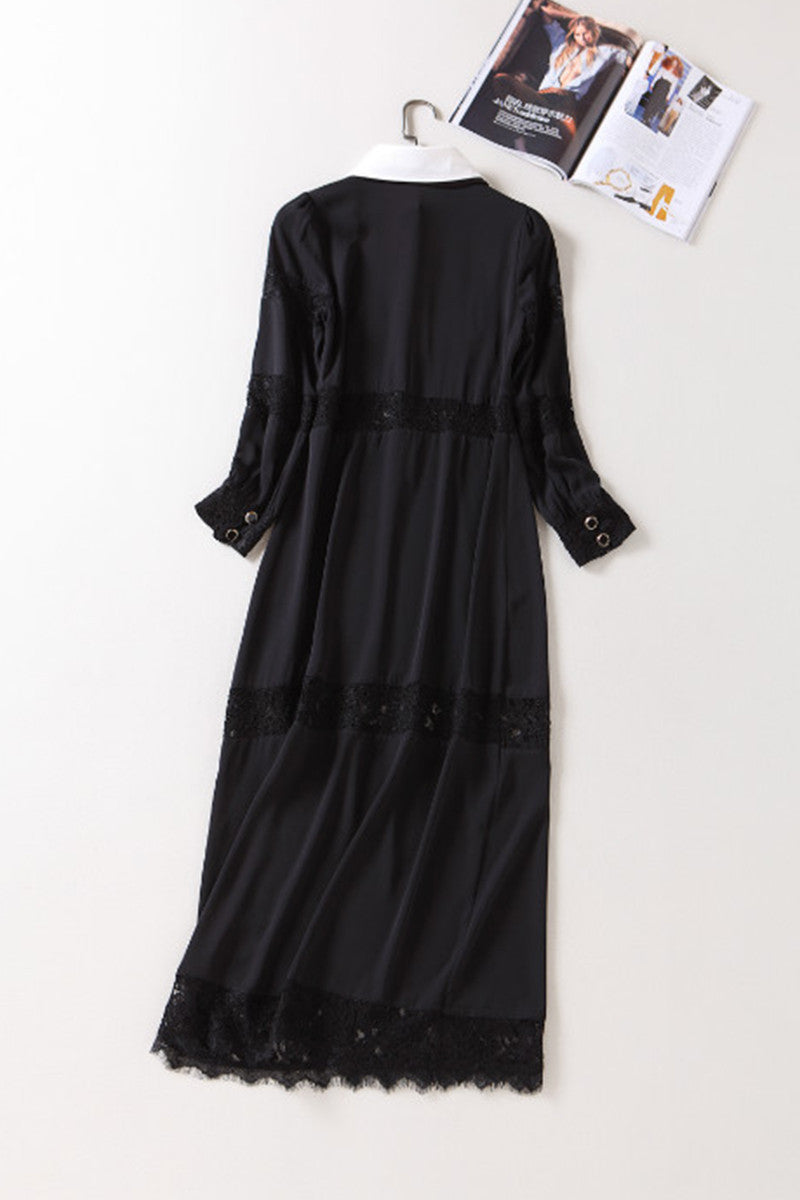 BLACK CASUAL POLO NECK LACE WEAR TO WORK LONG SLEEVE TASSEL DRESS