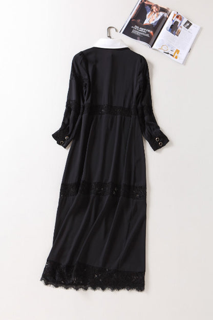 BLACK CASUAL POLO NECK LACE WEAR TO WORK LONG SLEEVE TASSEL DRESS