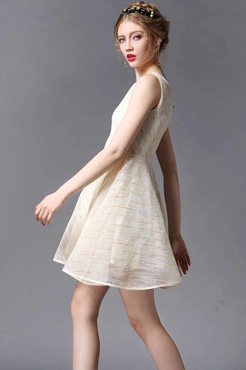 Sequin and Line Illusion Mesh Fit-and-Flared Cocktail Dress