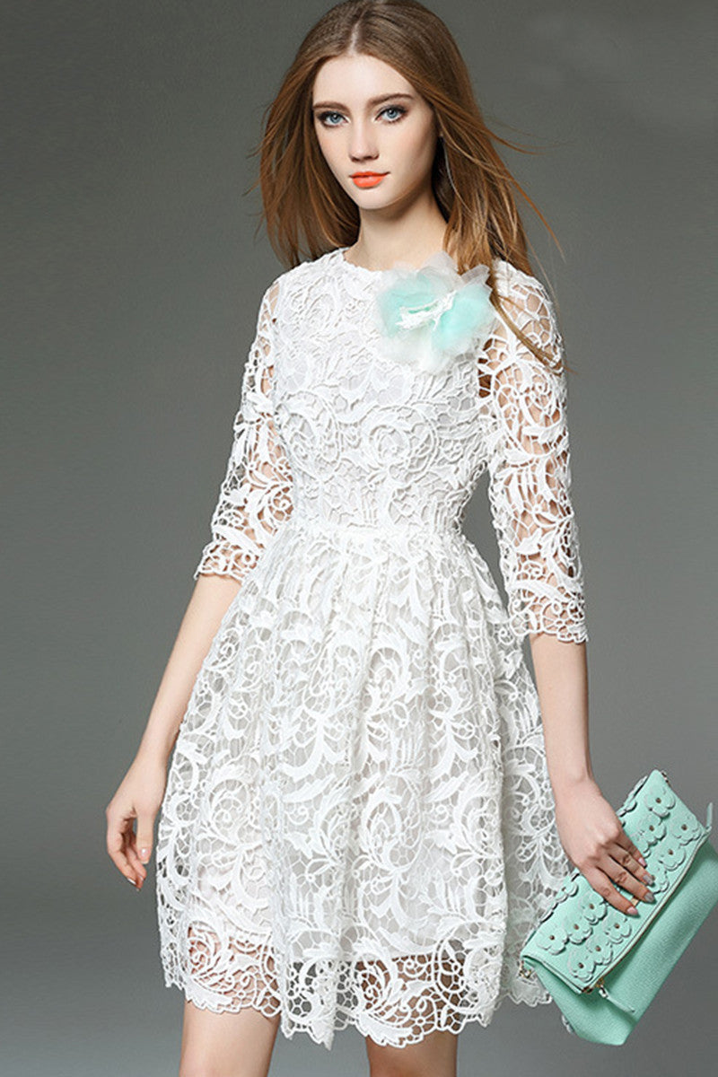 Brooch Decorationed Lace Fit-and-Flare Dress