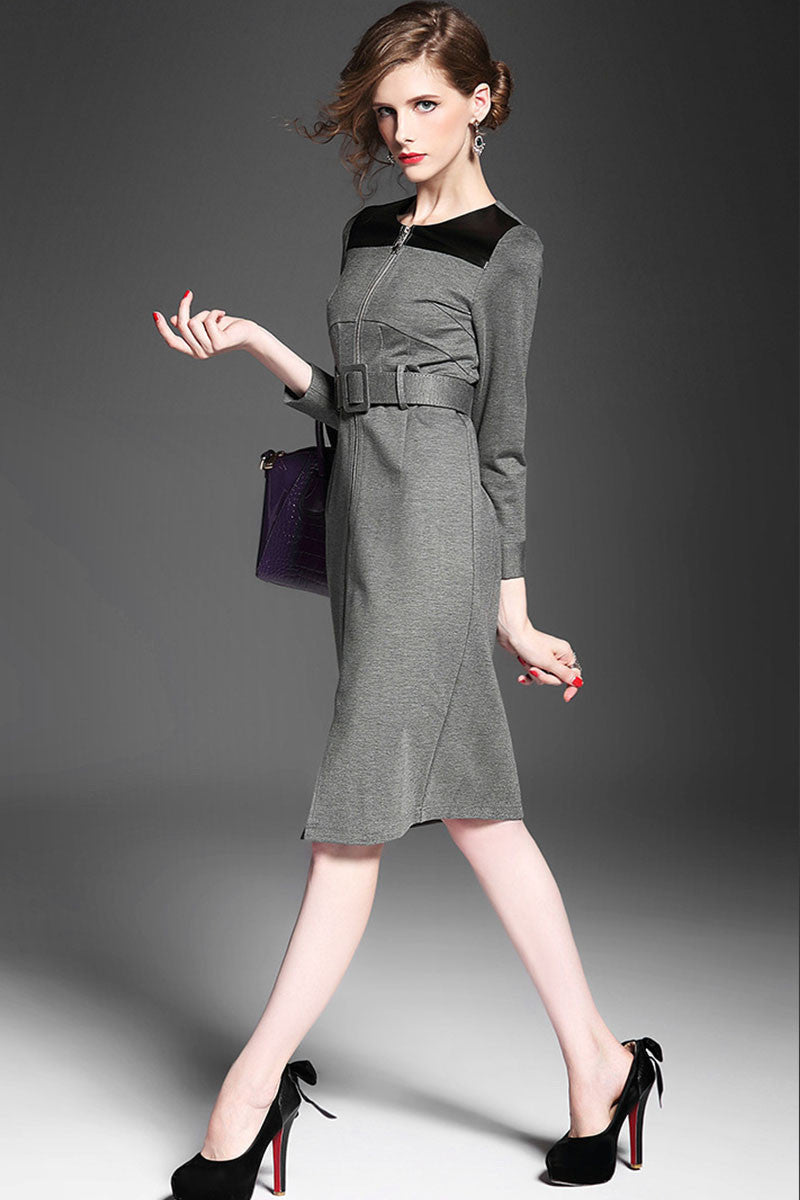 FORMAL ROUND NECK 9 SLEEVE WEAR TO WORK COCKTAIL MIDI DRESS WITH BELT