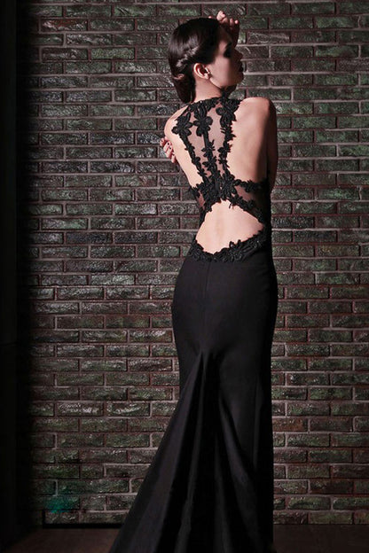 Sheer Mesh Lace Illusiion Cross Back Mermaid Gown