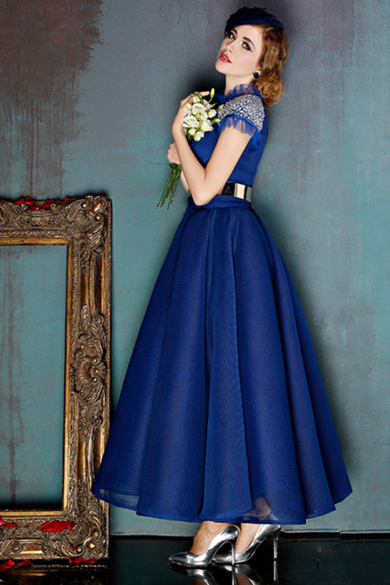 Stand Collar Flare Neck Cap Sleeve Full Dress Grown