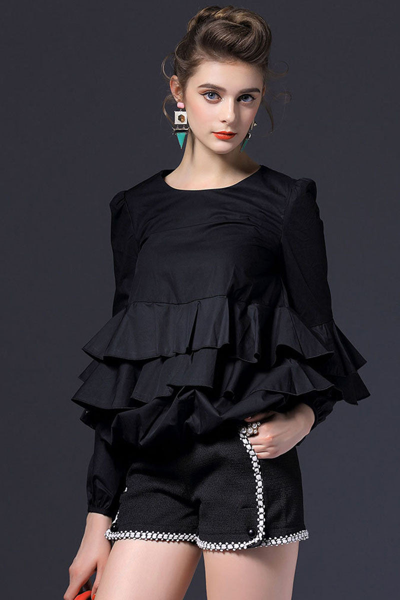 Round Collar Frill Flare Hem Mluti Layer Top