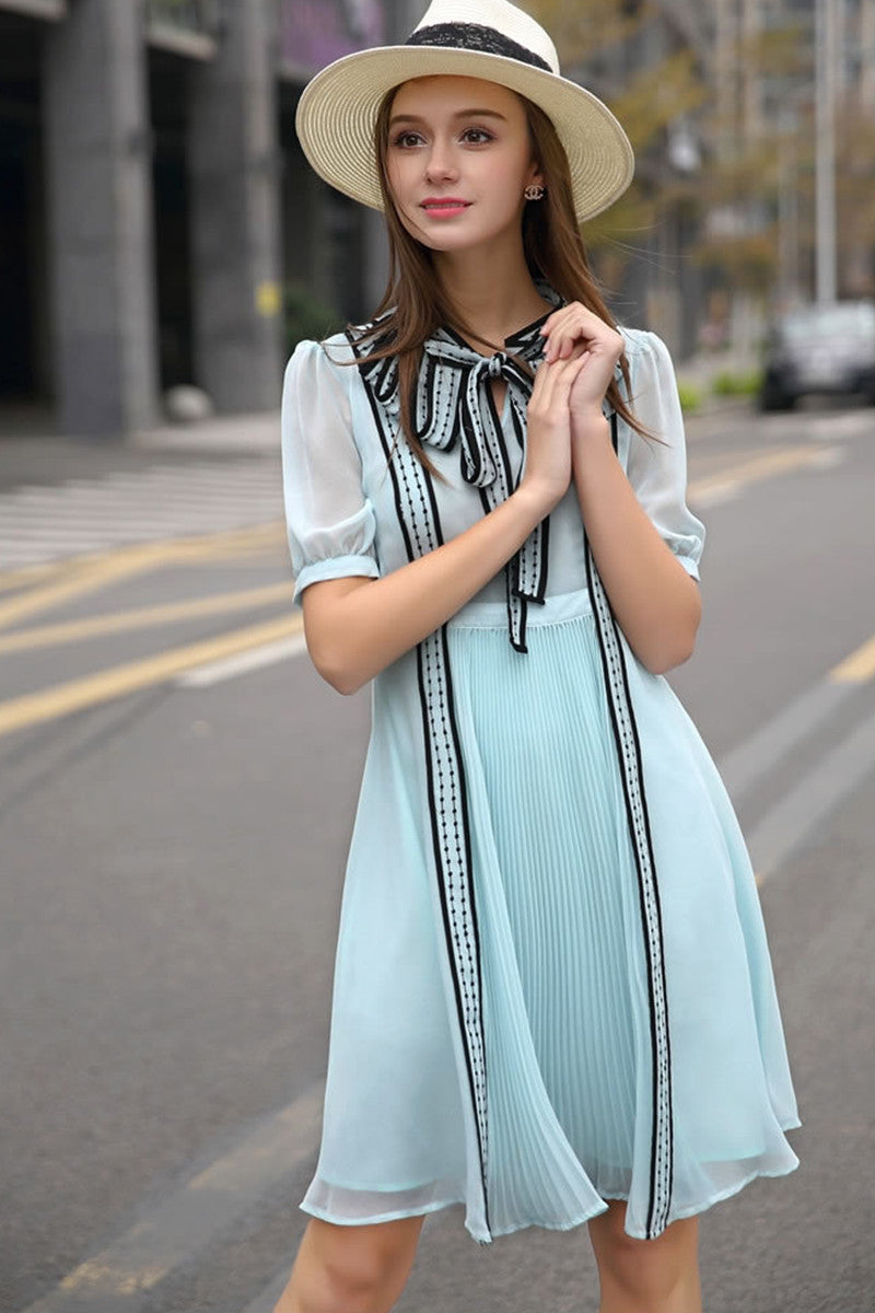 Special Bow Neck Chiffon Sleeve Pleated Dress