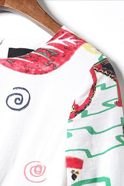 Round Collar Graffiti Cartoon Print Flare Dress With Belt