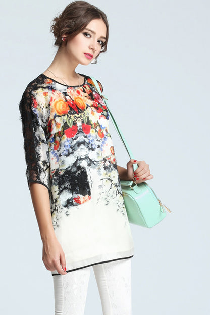 ound Collar Floral Print Lace Patch Blouse