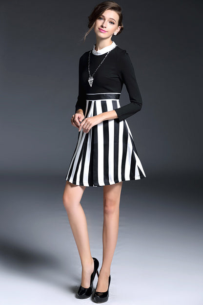 slim stand collar casual wear to work vertical stripe mini dress