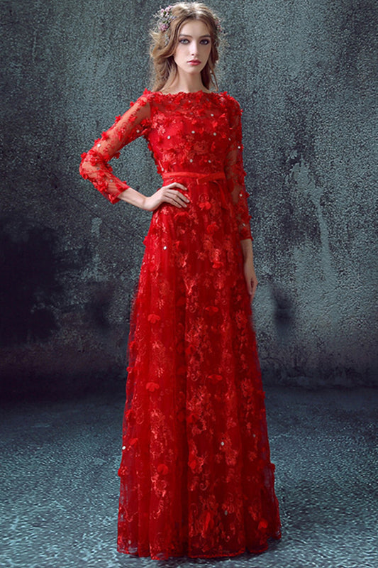 3D Flowers Applique Sheer Sleeve Runched Long Gown Dress
