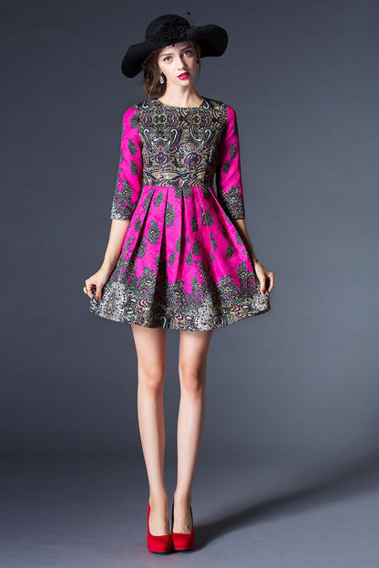 Round Collar Slim Retro Jacquard Pattern Slim Dress - NJOYDRESS - 1
